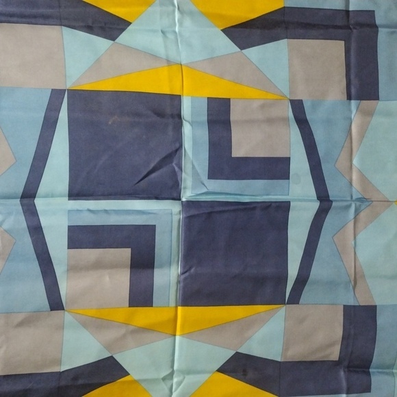 J.D. Dubois Silk Scarf 30x30 – Luxe Geometric Blue & Gold Tie Style Accessory - Picture 9 of 14